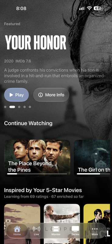 Odyssey iPhone library with featured series, Continue Watching and recommendations